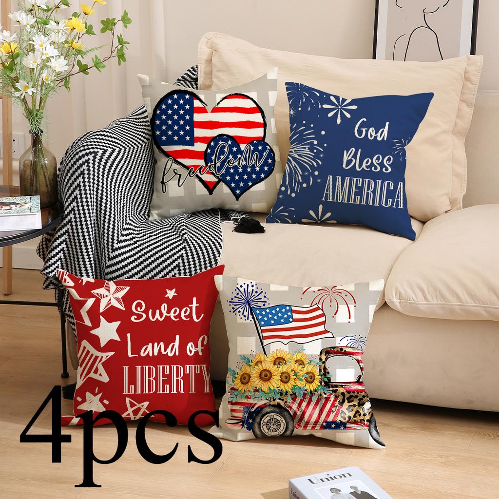 4pcs/Set Cross-Border US Independence Day Pillow Cover Letter Sofa Cushion Cushion Cover Household Goods Without Pillow Core
