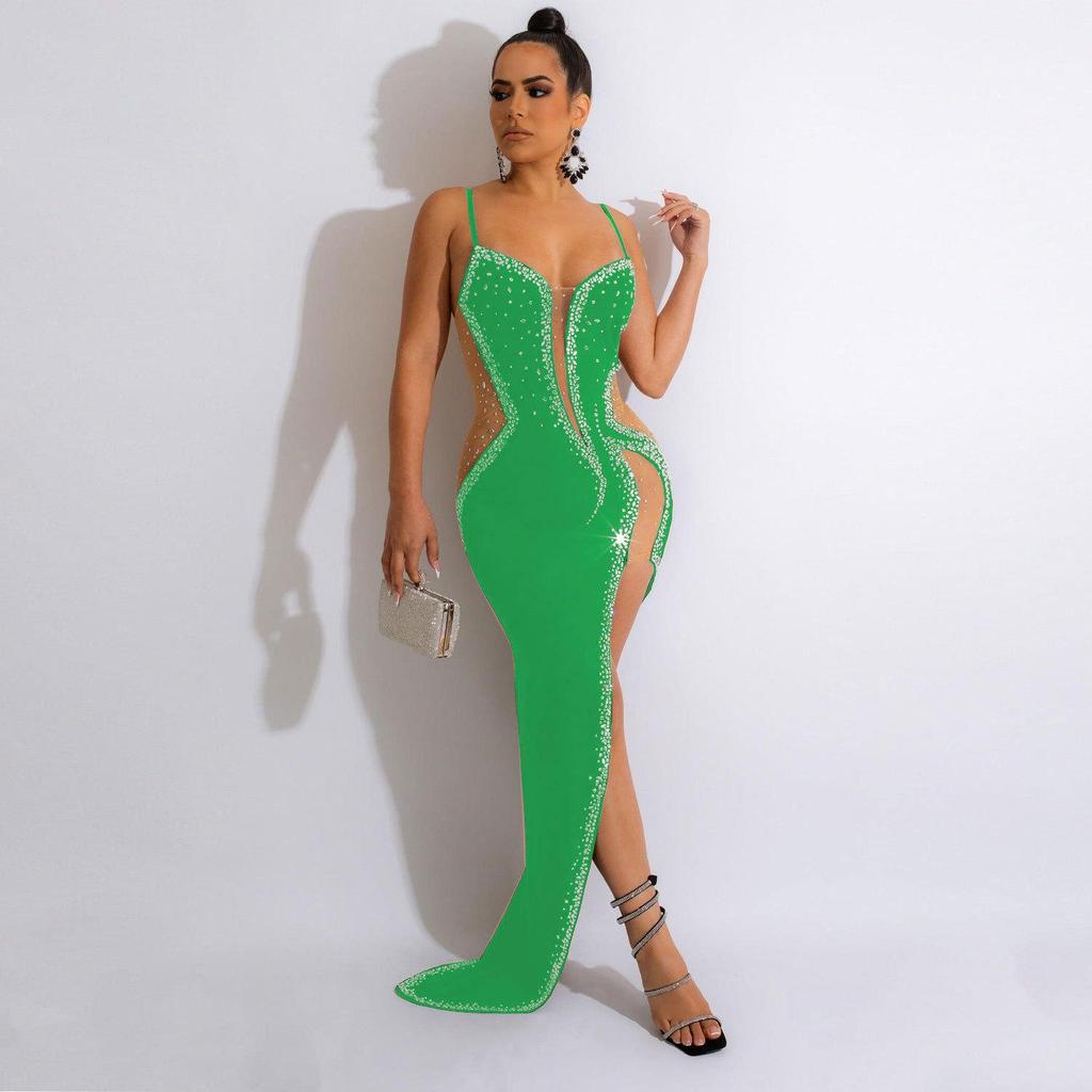 ZQK2567 Sexy See-Through Spaghetti Strap Evening Dress with Hot Drill Design