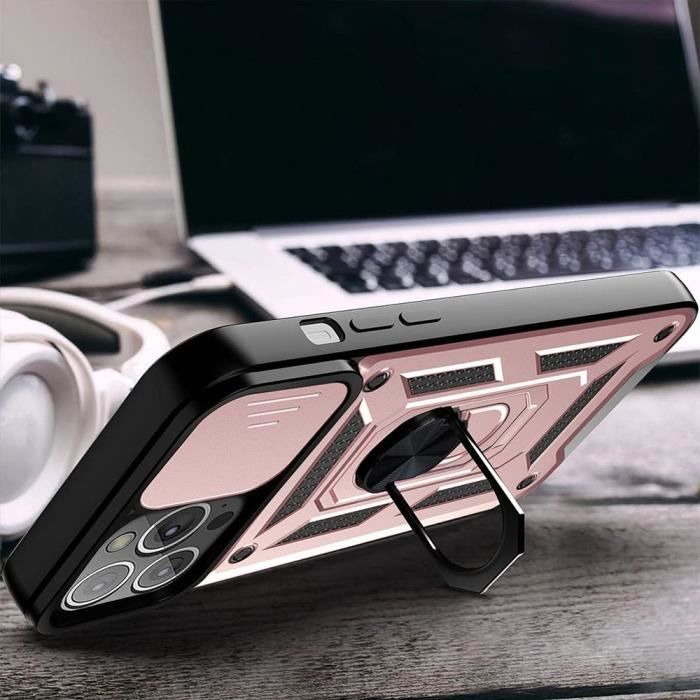 Coque pour iPhone 14 Pro Max - Antichoc - Rose - Support intégré - Couvercle coulissant - Anneau rotatif