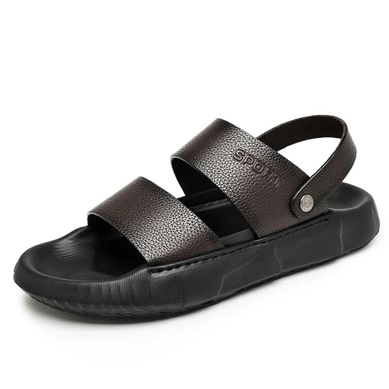 Fashion Summer Men Genuine Leather Outdoor Slippers New Fashion Casual Beach Slippers Antiskid Breathable Comfy Soft Bottom Walking Shoe