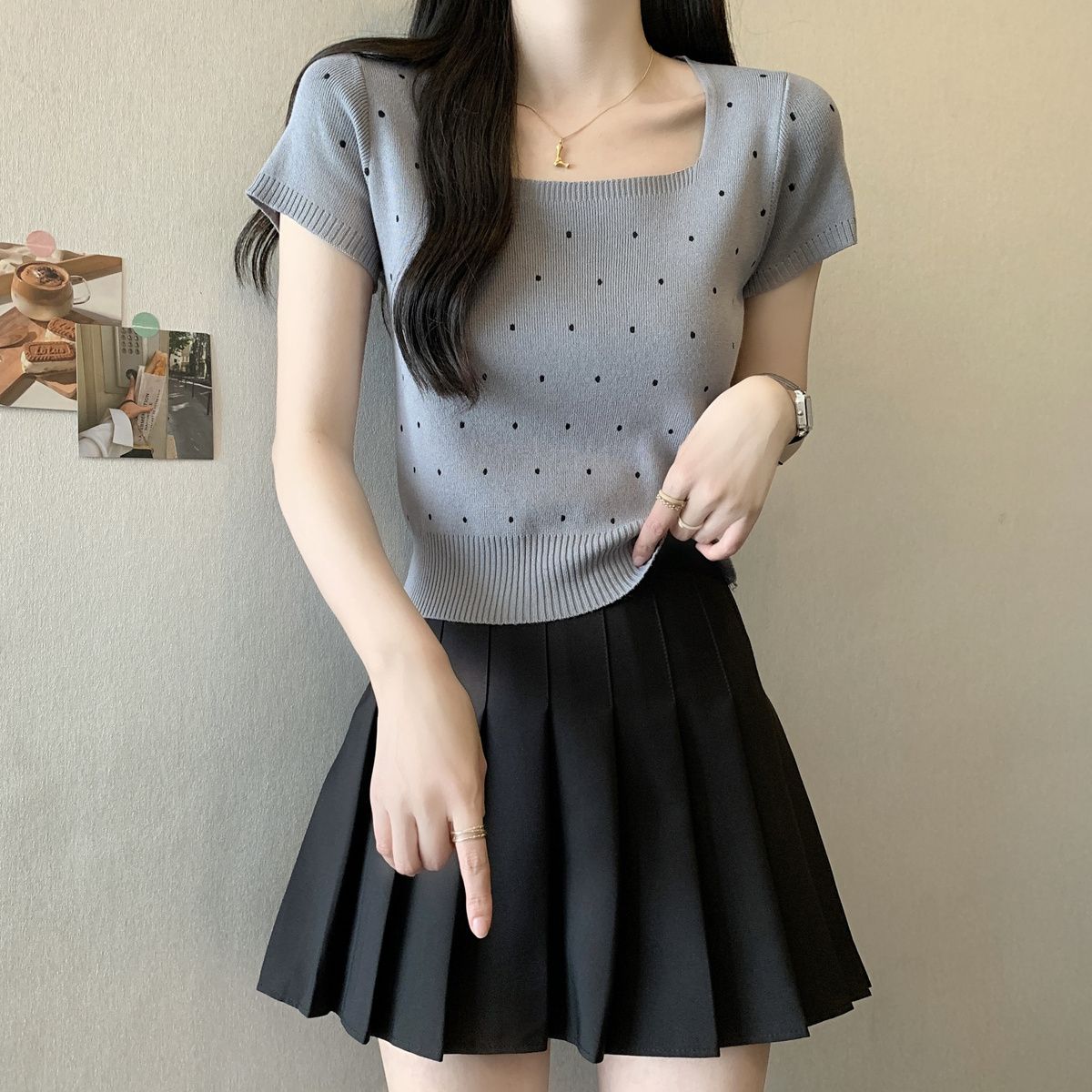 

Модный вязаный свитер с короткими рукавами в горошек и воротником A Design Sense, шикарный короткий топ для женщин XL серый