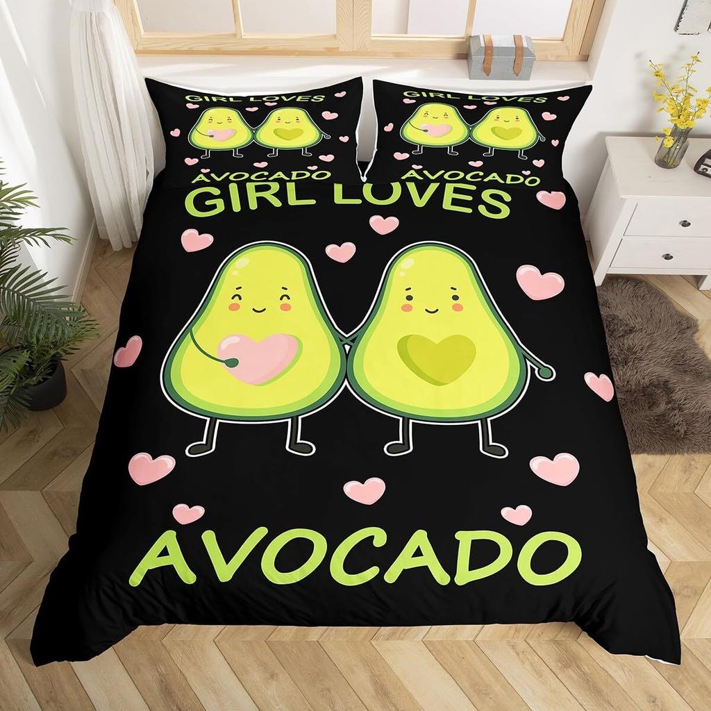 Fruit Duvet Cover Set, Cute Cartoon Avocado Decor 3 Piece Bedding Set with 2 Pillow Shams, Queen King Full Size, Paprika Green