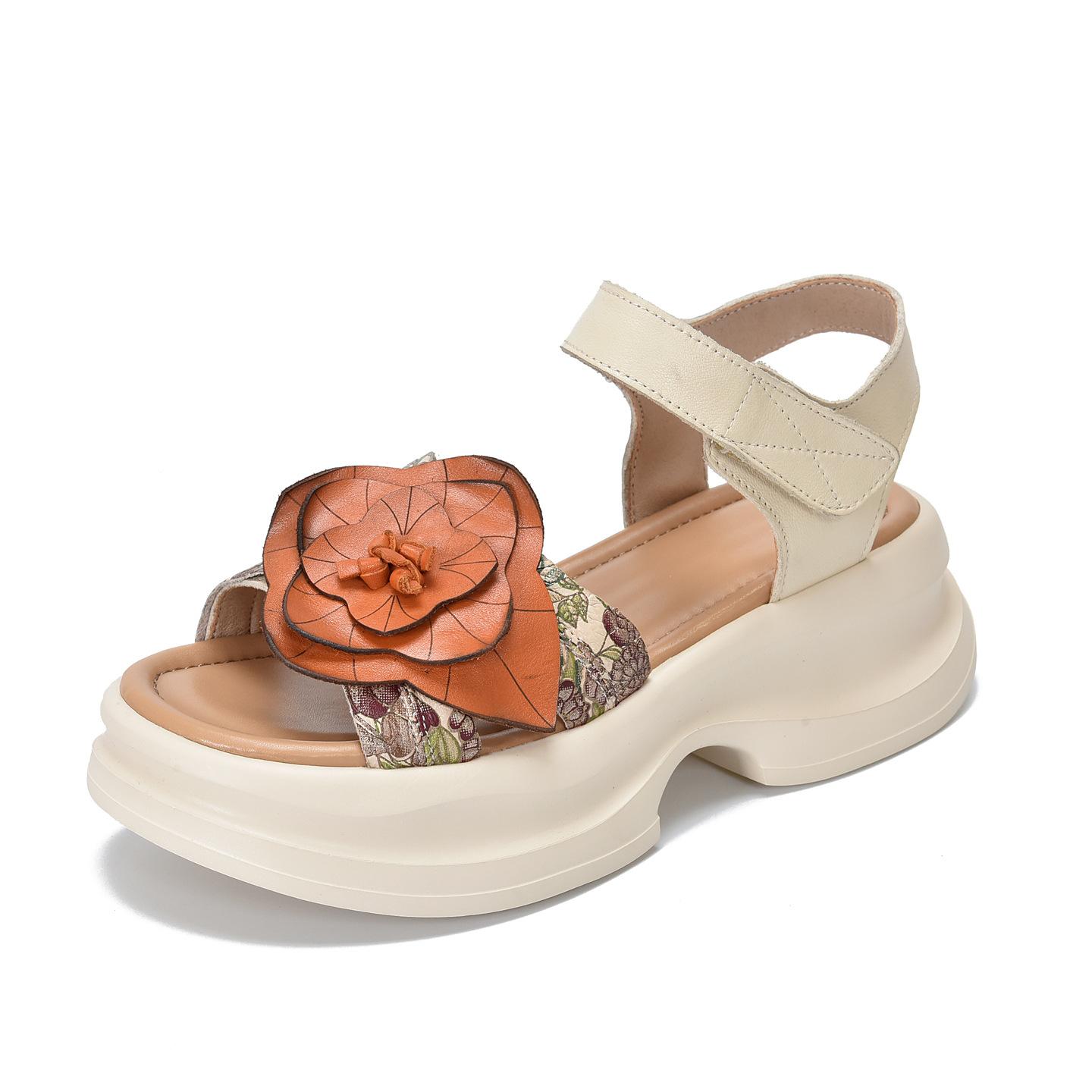 

Johnature Ретро Сандалии на толстой подошве с большим цветком из натуральной кожи с открытым носком Женская платформа 35 бежевый