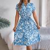 Women Summer V Neck Knee Length Pleated Print Belt Fashion Dress