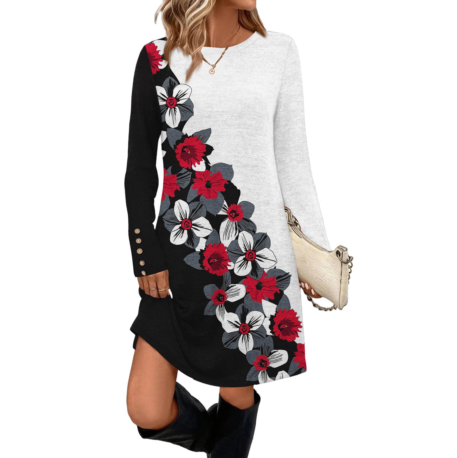 

Women s Fashion Casual Dress With Pocket Decorative Buttons, Round Neck And Long Sleeves M