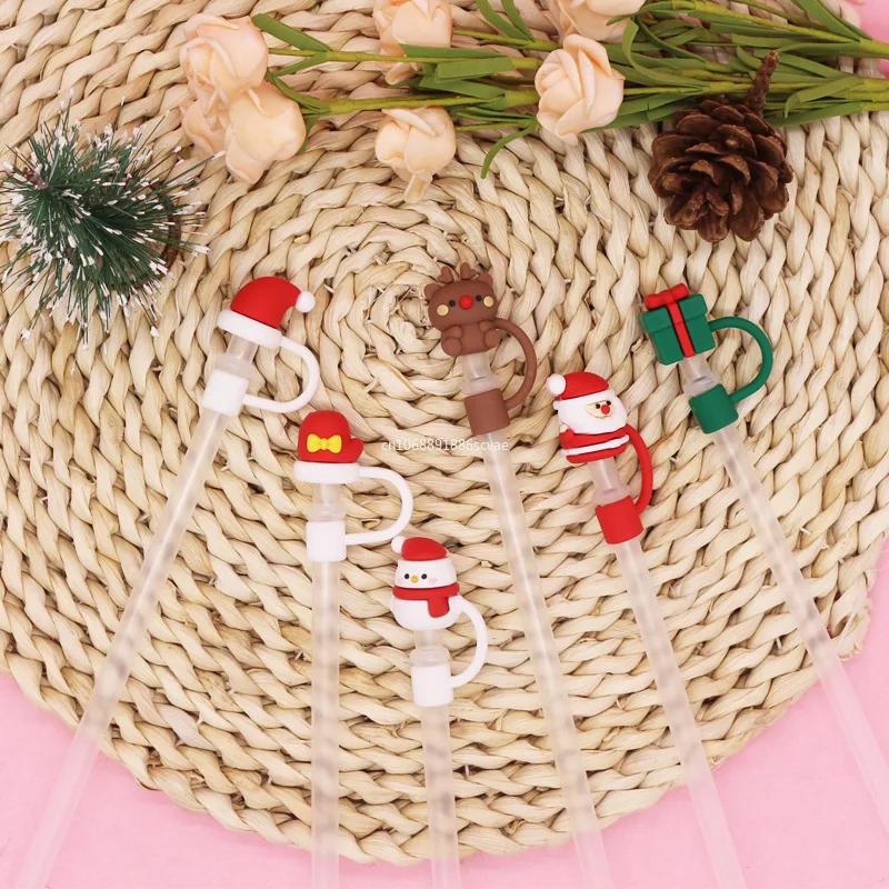 Christmas Straw Cover Silicone Tips Drinking Dust Cap Santa Snowman Yeti Straw Stopper Reusable Christmas Party Straw Decoration