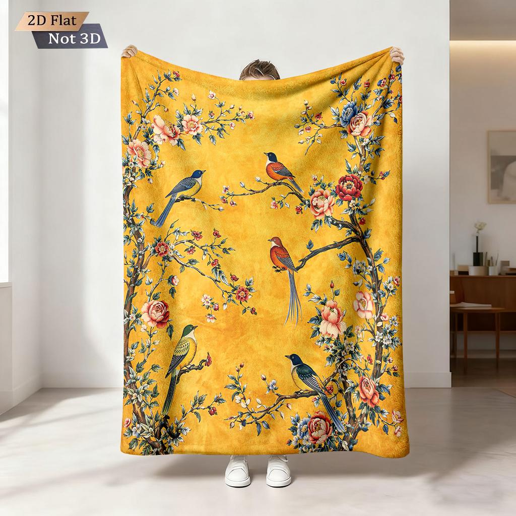 1Pc Chinese Style Flower Bird Print Flannel Blanket Multi Size Living Room Sofa Nap And Leisure Blanket Soft Machine Washable