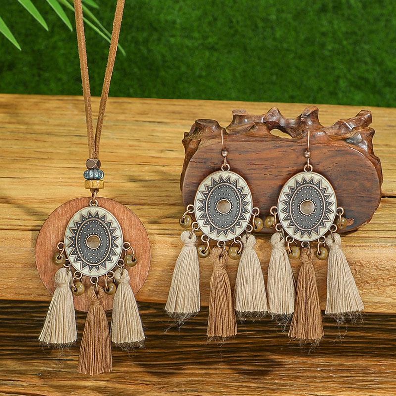 Bohemian Vintage Tassel Earrings Necklaces Set for Women Ethnic Round Hollow Carved Rope Chain Necklace Jewelry Accessories
