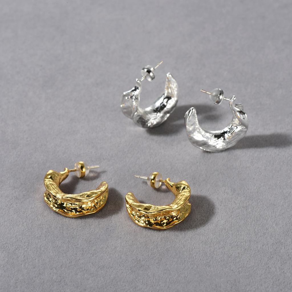 Francuskie Retro Unikalne Metalowe Plisowane Okrągłe Kolczyki Sztyfty z Igłą S925 Niszowe Spersonalizowana Faktura Kolczyki Bez Specyfikacji Kobiety