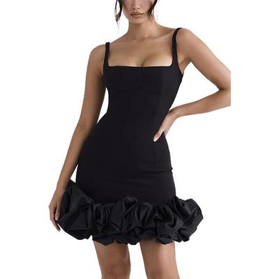 Women Sexy Spaghetti Strap Square Neck Bodycon Mini Dress Ruffle Hem Black Short Evening Cocktail Party Night Out Clubwear Elegant Formal Dress