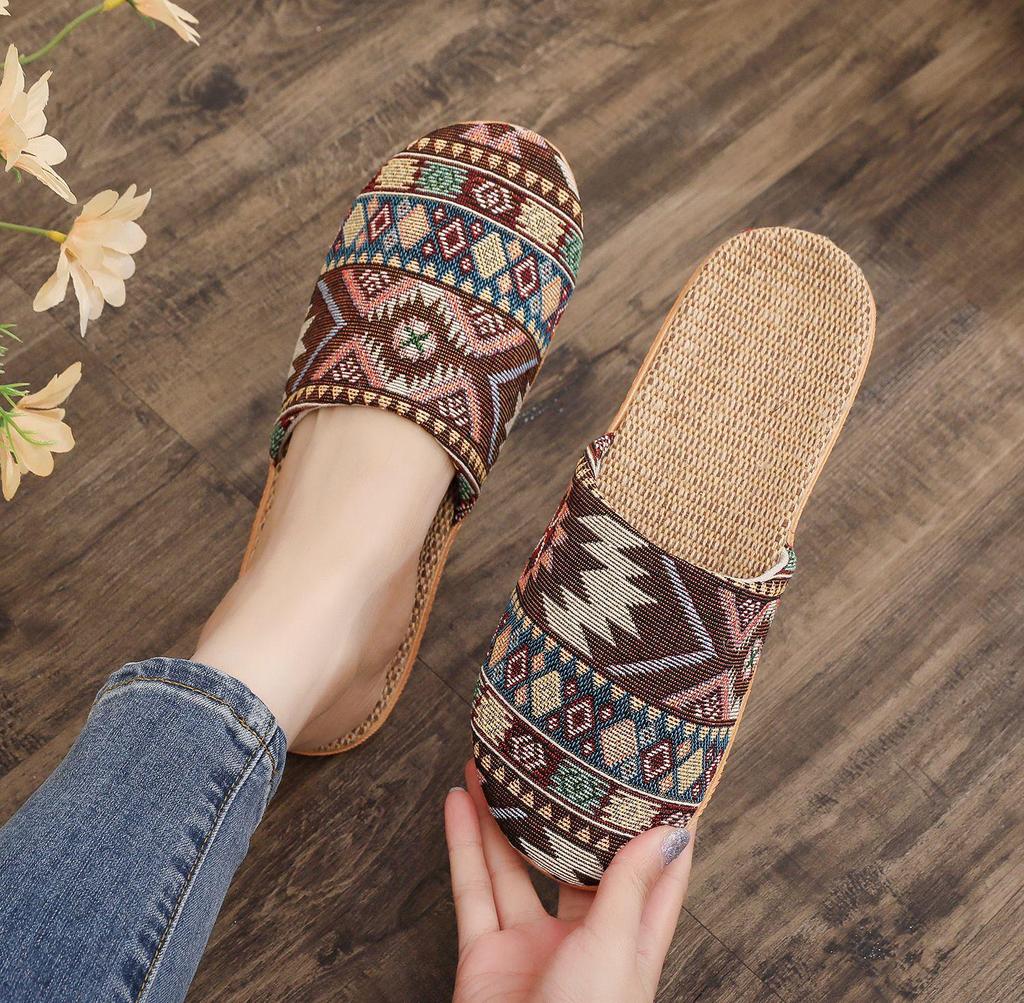 Women's Ethnic Diamond Pattern Cotton-Linen Headscarf Slippers - Large Size, Comfortable Home Footwear