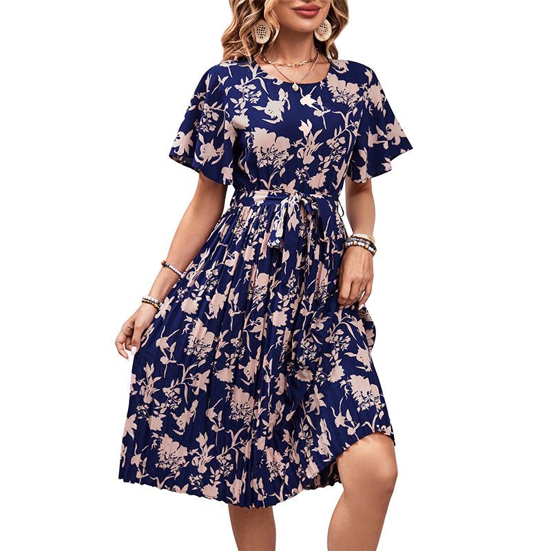 Summer casual chic elegant floral print cinched waist dress