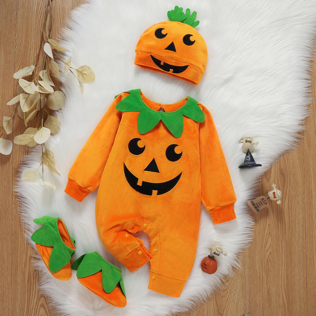 Halloween Baby Romper met Muts & Sokken 3-delige Set, Pasgeboren Baby Kostuum Jumpsuit Lange Mouw Met Capuchon Outfit