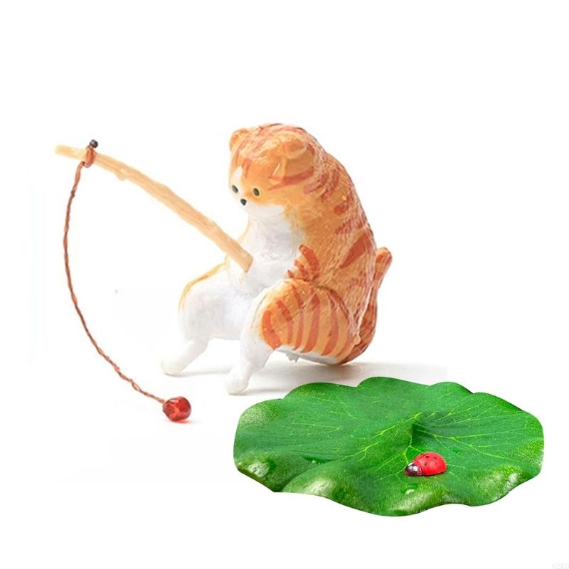 62KD Creative Cats and Ladybird Leaf Resins Sculpture for Unique Fishtank Ornaments