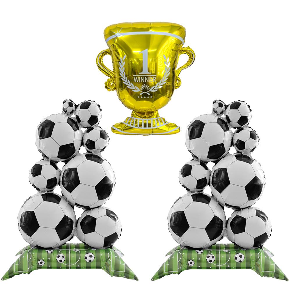 3Pcs Soccer Theme Foil Balloon Set, Giant Standing Football Stack & Golden Champion Trophy Mylar Balloons, Aesthetic Sports Even Other