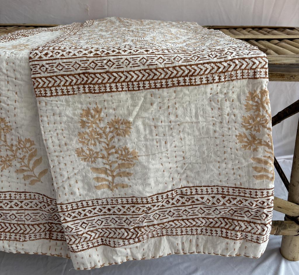 Kantha Stitch Pure Cotton Reversible Bed/Sofa Throw King Size | Handmade Hand Printed Floral Dohar | Gudari Kantha Bedspread blanket