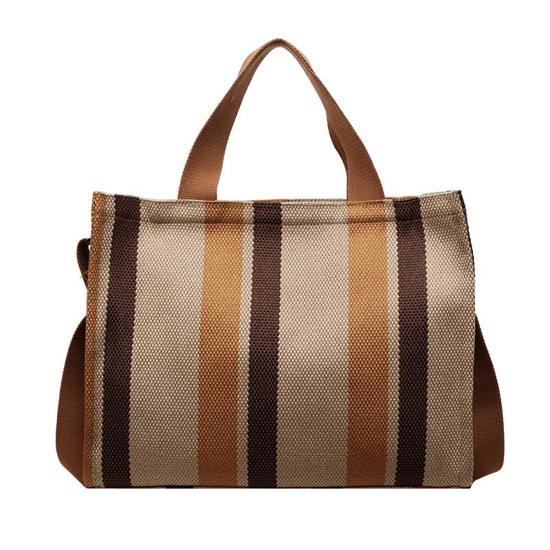 Women's Large Capacity Striped Canvas Tote Bag - Casual Shoulder Handbag