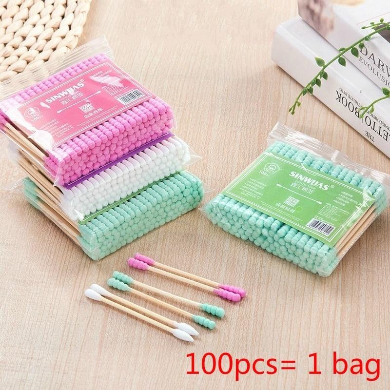100Pcs/bag Small Head Bamboo Sticks Cotton Swab Remover  Stick Makeup Cotton Disposable Double Head