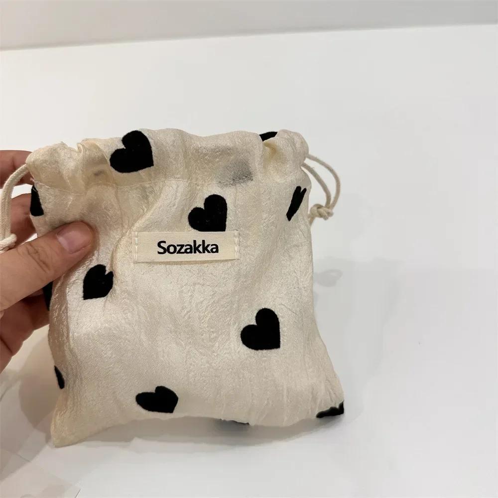 Champagne Love Drawstring Storage Bag Literary Style Polyester Vintage Drawstring Pocket Coin Purse Pull Rope Pouch Case