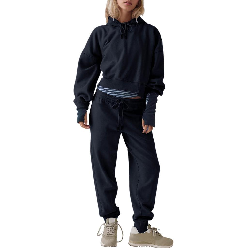 Women's Fashion Solid Color Hooded Sweatshirt And Sweatpants Two-Piece Casual Set