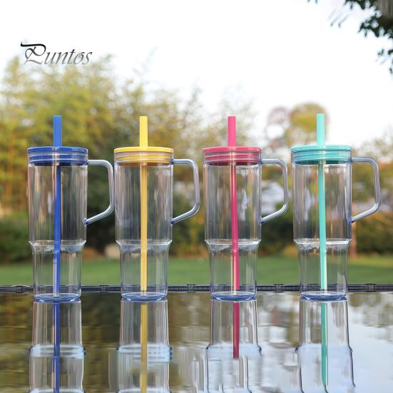 Clear Plastic Water Bottle with Straw And Lid, 40oz Large Capacity Tumbler BPA-free Drinking Cup Handle, Leak Proof Sports for School Travel Reusable