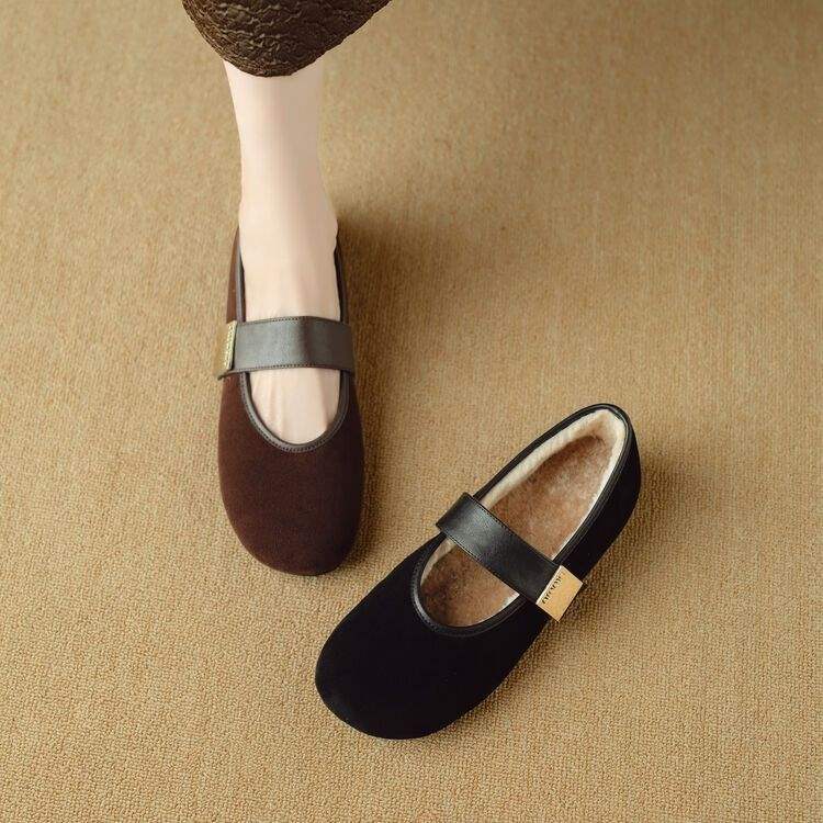 Fleece varma mjuksulade enkelskor dam retro rund tå med platt botten Mary Jane 2025 nya grunda mormorsskor