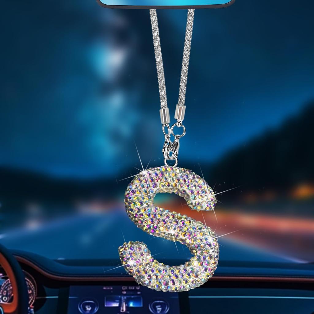 A Shape Bling Crystal Pendant Car Accessories for Women, Hanging Cute Rhinestone Rear View Mirror Accessories, Charm Interior Car Decorations for