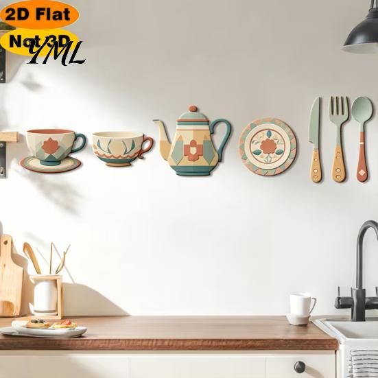 Modern Kitchen Wall Murals 7Pcs 2D Flat Wooden Decor, Retro Teapot Tableware Themed Removable Art for Dining Room Art, Self?Adhesive Plaques