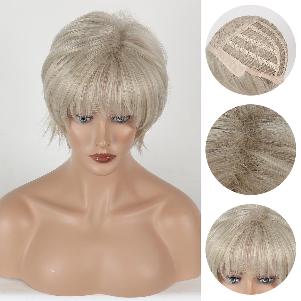 Women's Fashion Short Straight Synthetic Fiber Wig with Fluffy Bangs Ladies Daily Us Natural Looking Light Blonde Mixed Color Wigs