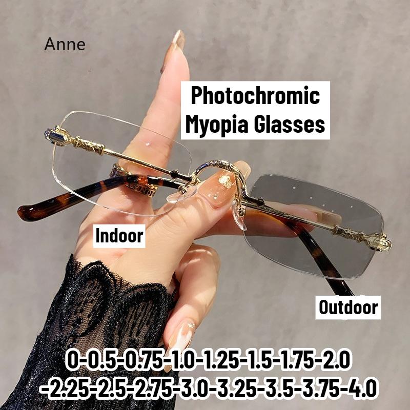 Ultra Light Frameless Photochromic Myopia Glasses Blue Light Blocking Eye Protection Near Sight Glasses Color Changing Eyewear