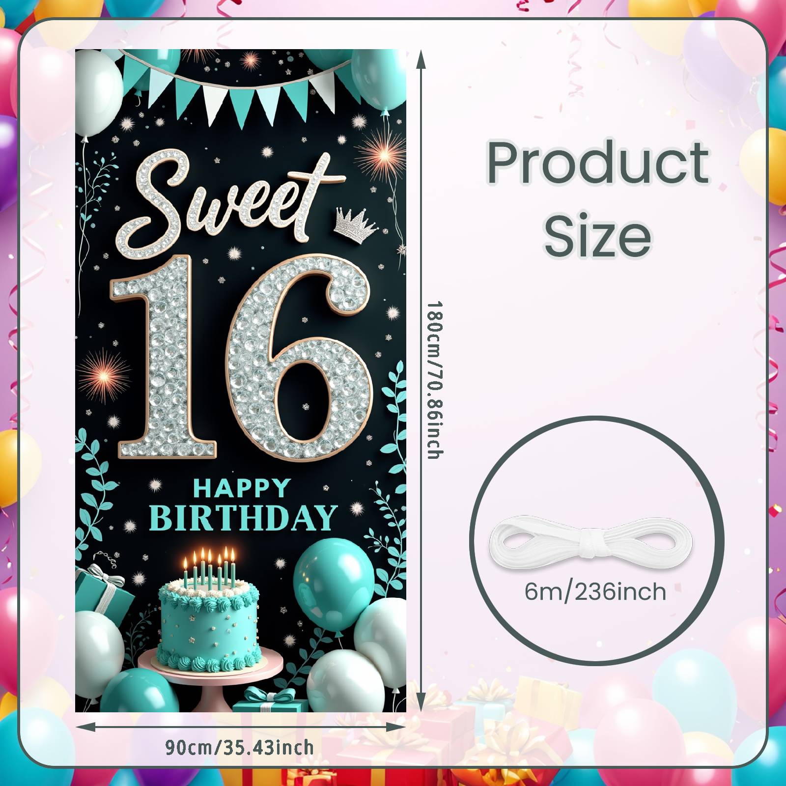 Баннер на 16-летие Серебряный Глиттер Дизайн Баннер на 16-летие Фон для Sweet 16 Блестящий Узор с Тортом Дисплей на 16-летие
