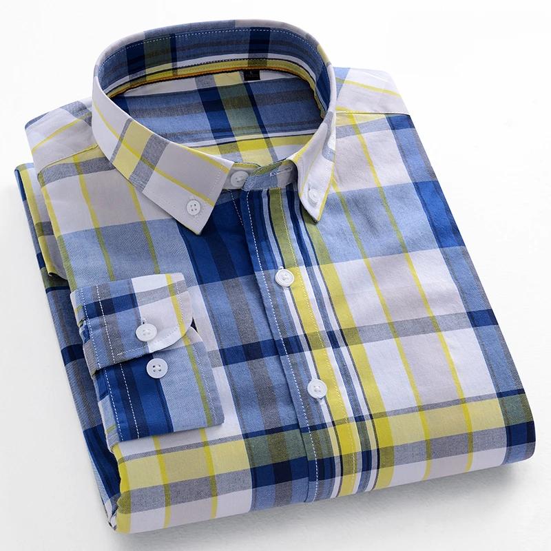 Modische koreanische Trends lässige langärmlige Hemden für Herren Slim Fit schlichtes Hemd 100% Baumwolle karierte gestreifte Oberteile weiche Designerkleidung