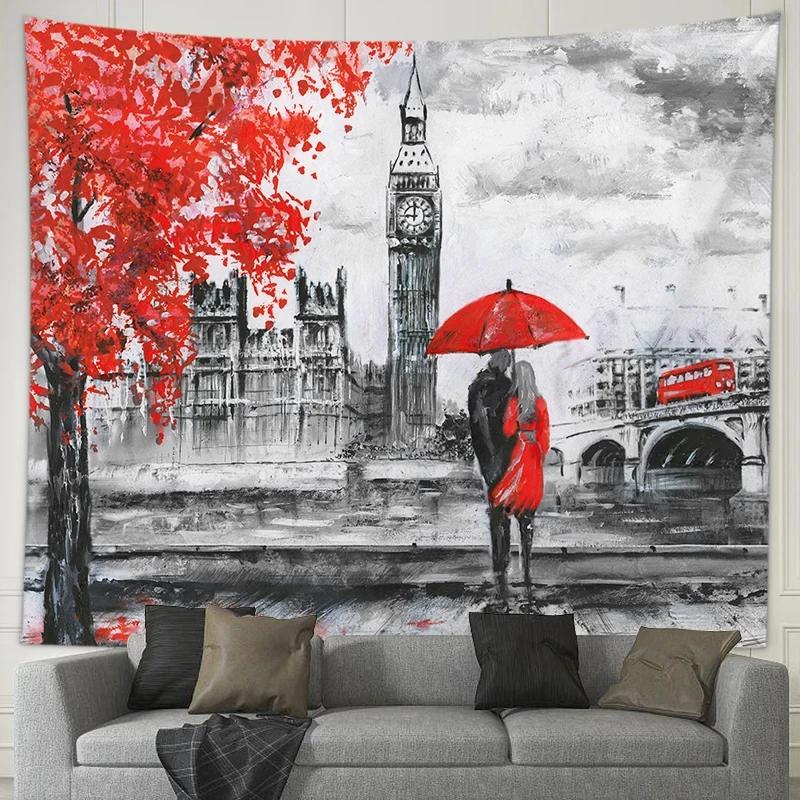 Romantic Couple Lovers Tapestry Eiffel Tower Big Ben Tapestry Wall Hanging Maple Rose Decorated Home Bedroom Living Room Dorm