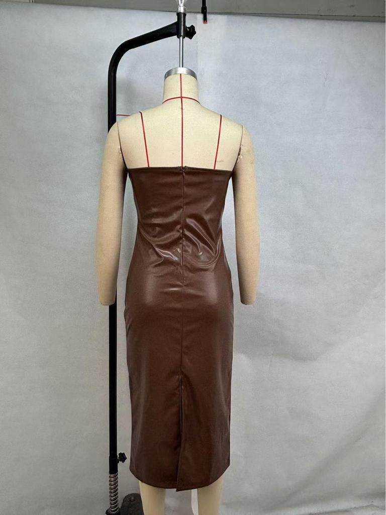 Evropské a americké dámské sexy šaty bez ramínek s rozparkem z PU kůže - Kolekce podzim/zima 2024