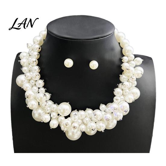 Faux Pearl Choker Necklace 1 Set Chunky Jewelry, Beaded And V-neck Accessory Earrings, Metallic for Women Dinner Parties Wedding Collarbone Enhancing