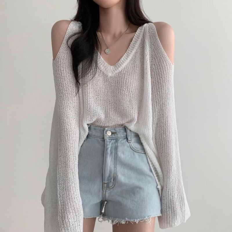 Chic Loose V-neck Off Shoulder Casual Knitted Pullovers Women Summer Thin Long Sleeve Knitwear Women Solid Elegant Fashion Sweater Woman Clothes 26587