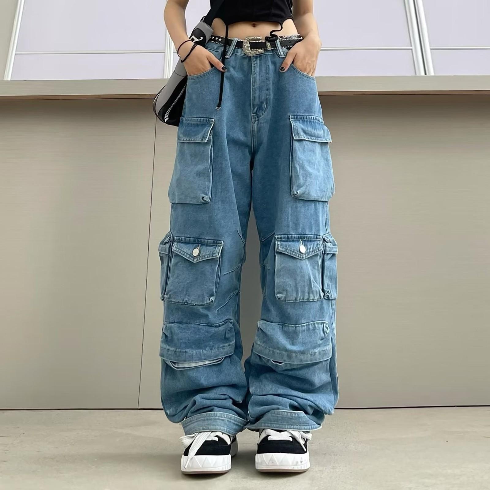 

Women s Pants Multi-Pocket Relaxed Fit Jeans Stretch Denim Pants With Pockets Trousers S синий