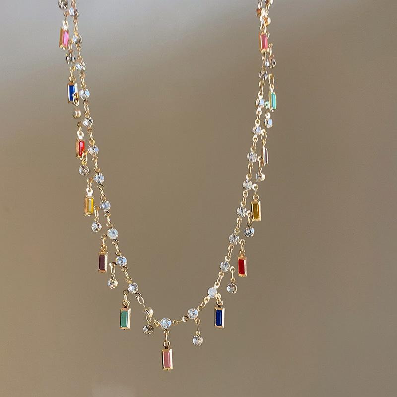 Color crystal fringed necklace female dopamine stacked collarbone chain light luxury high-end sense niche design sense neck chain female