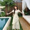 2026 French Elegant Summer Puff Sleeve Square Neck Slimming Dress with Irregular Waist and Pleats