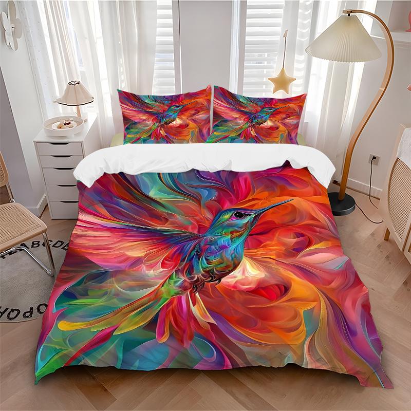 3pcs Whirling Colors Hummingbird's Dance Printed Quilt Set - Soft and Comfortable Quilt Cover for Bedroom, Guest Room and Dormitory
