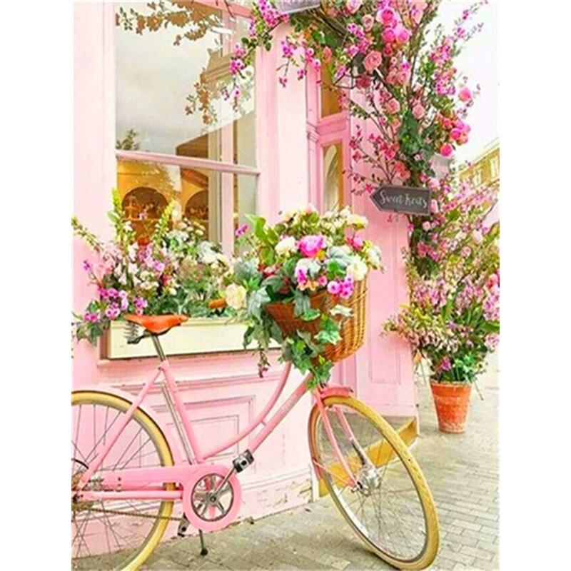 Pictură cu diamant DIY 5D, rotund complet, rășină, bicicletă, flori, artă cu diamant, broderie, peisaj, punct de cruce, mozaic, decor acasă