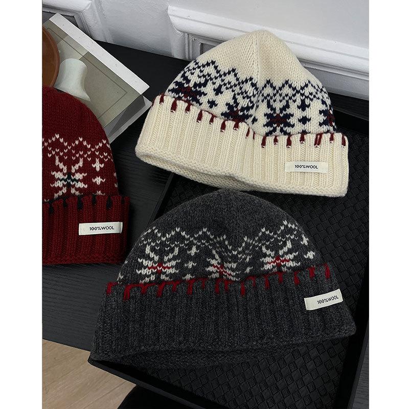 All Wool Fair Island Jacquard Hat for Women A Retro Woolen Knitted Cold Hat with A Winter Atmosphere
