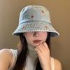 Foldable Women's Bucket Hat Rose Embroidered Beach Sun Hat Breathable Denim Fisherman Hat  Summer