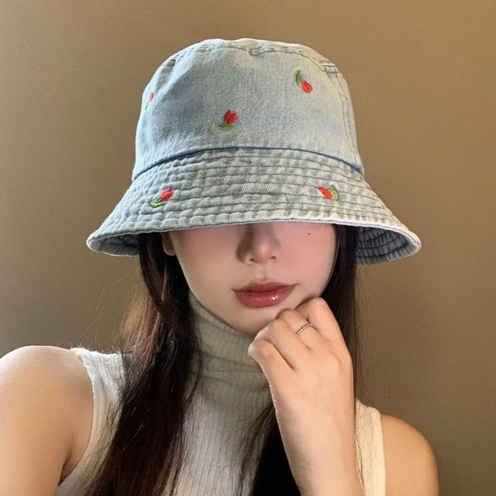 Foldable Women's Bucket Hat Rose Embroidered Beach Sun Hat Breathable Denim Fisherman Hat Summer