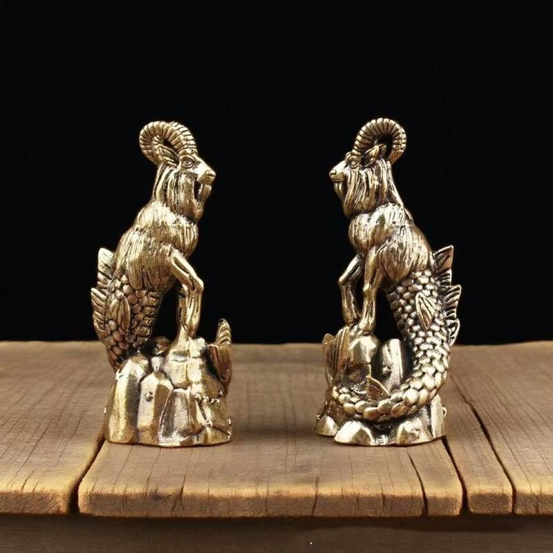 Artistic Copper Figurine Statue Goat Head Denoting Wisdoms and Fish Body Embodying Prosperity for Living Room Shelf Decors