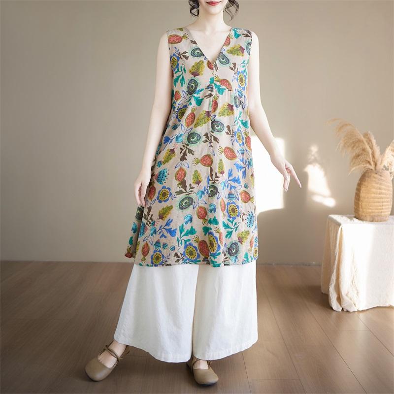 Sleeveless Plus Size Cotton Vintage Floral New In Dresses for Women Casual Loose Midi Summer Dress