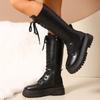 Motorcycle Thick Bottom Boots Women Spring Autumn Punk Zipper Up Knee High Boots Woman Lace Up Black Pu Leather Botas Female