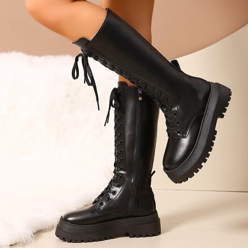 Motorcycle Thick Bottom Boots Women Spring Autumn Punk Zipper Up Knee High Boots Woman Lace Up Black Pu Leather Botas Female