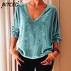 Women's Fashion Casual Solid Color Print Long Sleeve V Neck Blouses & Shirts