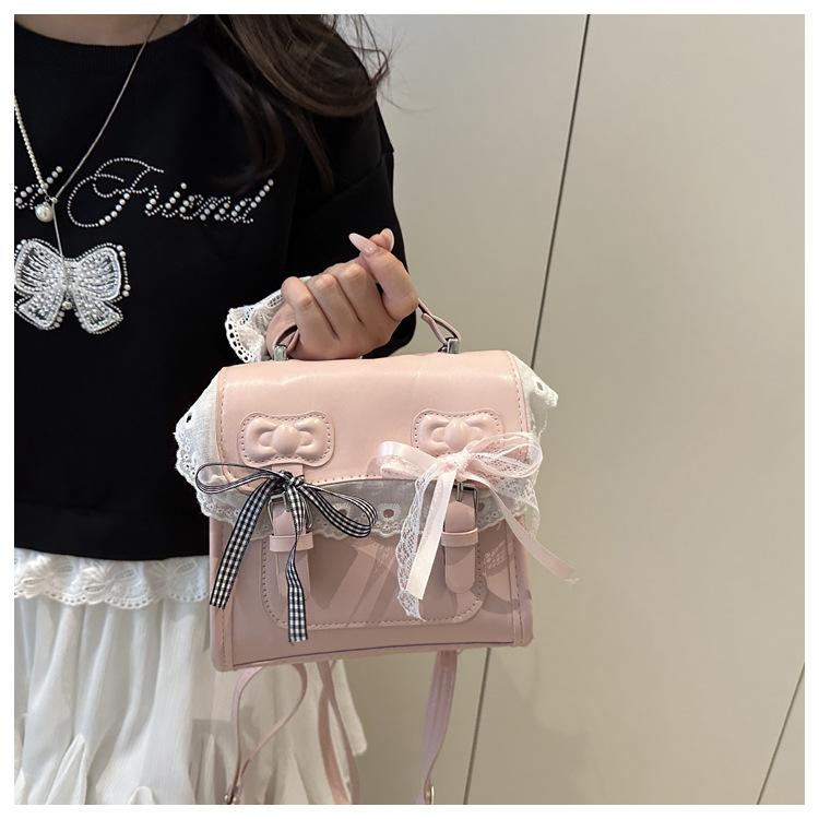 Faux Leather Flap Square Shoulder Bag for Women with Lace Bow Knot Trendy Casual Crossbody Purse
